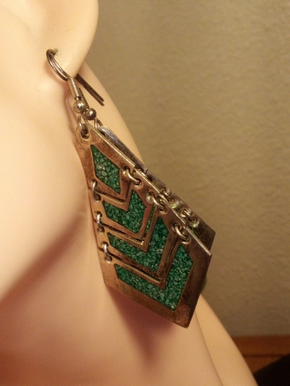 Green Chevron Drop Earrings with Textured Inlay